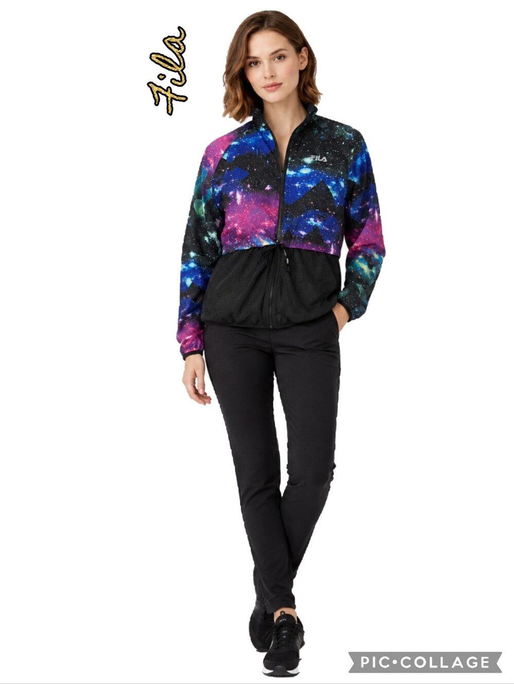 Fila women's jacket galaxy print track black/multicolor full front zip draw pull